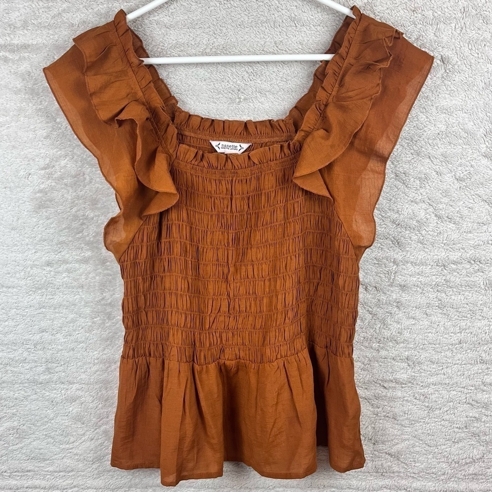 NANETTE LEPORE Smocked Boho Tunic Peplum Ruffled Neck Sleeve Large Burnt Orange